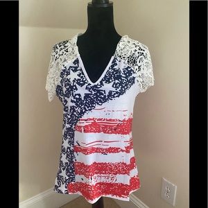 Ladies Patriotic 4th Of July American Flag T-shirt Women V Neck NWOT